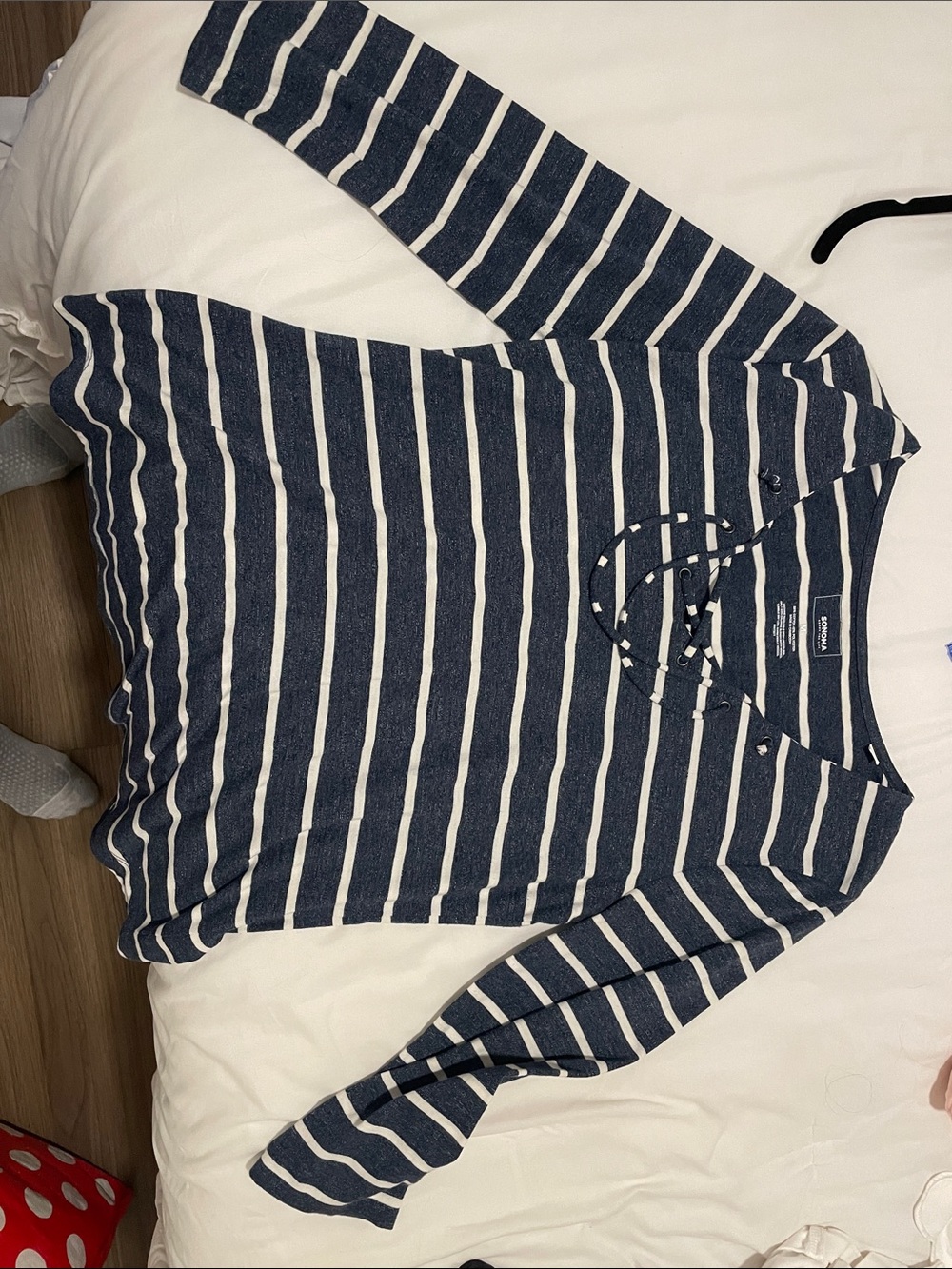 Sonoma Navy and White Striped Long Sleeve Lace-Up Tee